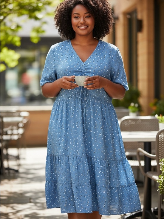 BloomChic Dresses & Skirts - Light Blue Floral V-Neck Tiered Midi Dress 3XL #349